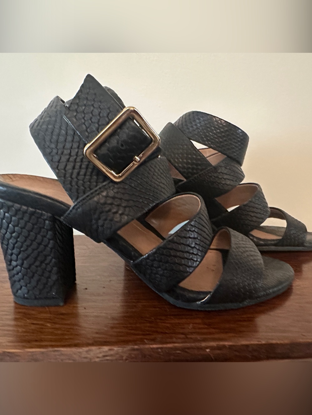 Vionic Black Textured Strappy Block Heel Sandals with Gold Buckle